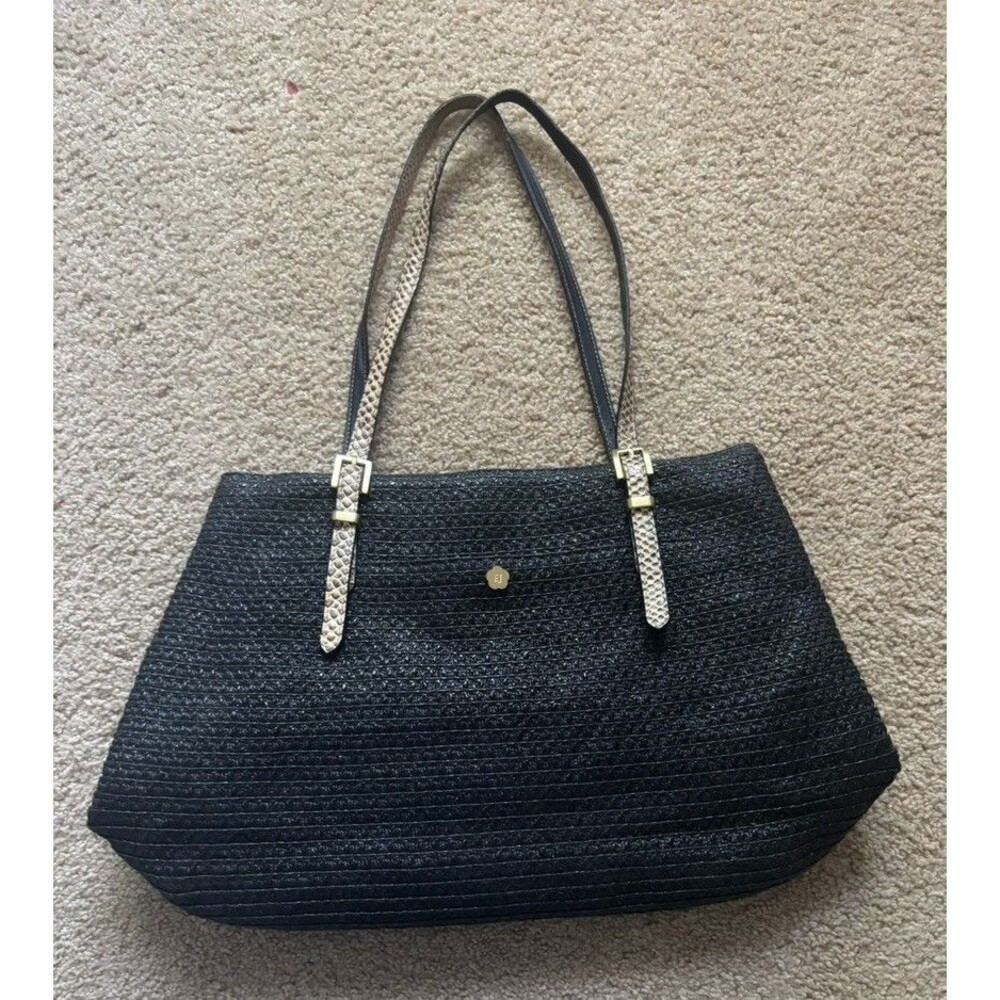 Eric Javits Women’s Tote Bag Handbag Purse Black Woven Straw Summer Print strap